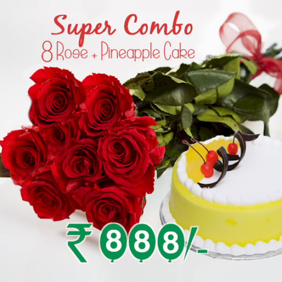 8 Roses + Pineapple Combo