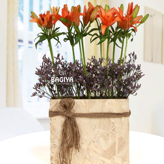 Orange Lily Box Bouquet Wooden